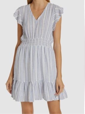 Rails Tara Dress Linen Blend Blue Napoli Stripe Smocked Mini Cap Sleeve Size XS